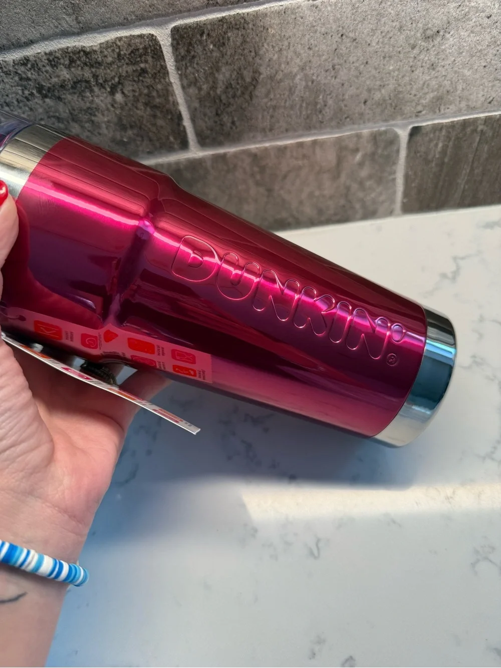 NEW RARE DUNKIN Donuts Pink Foil Metallic 24oz Insulated Tumbler Loop Travel Mug